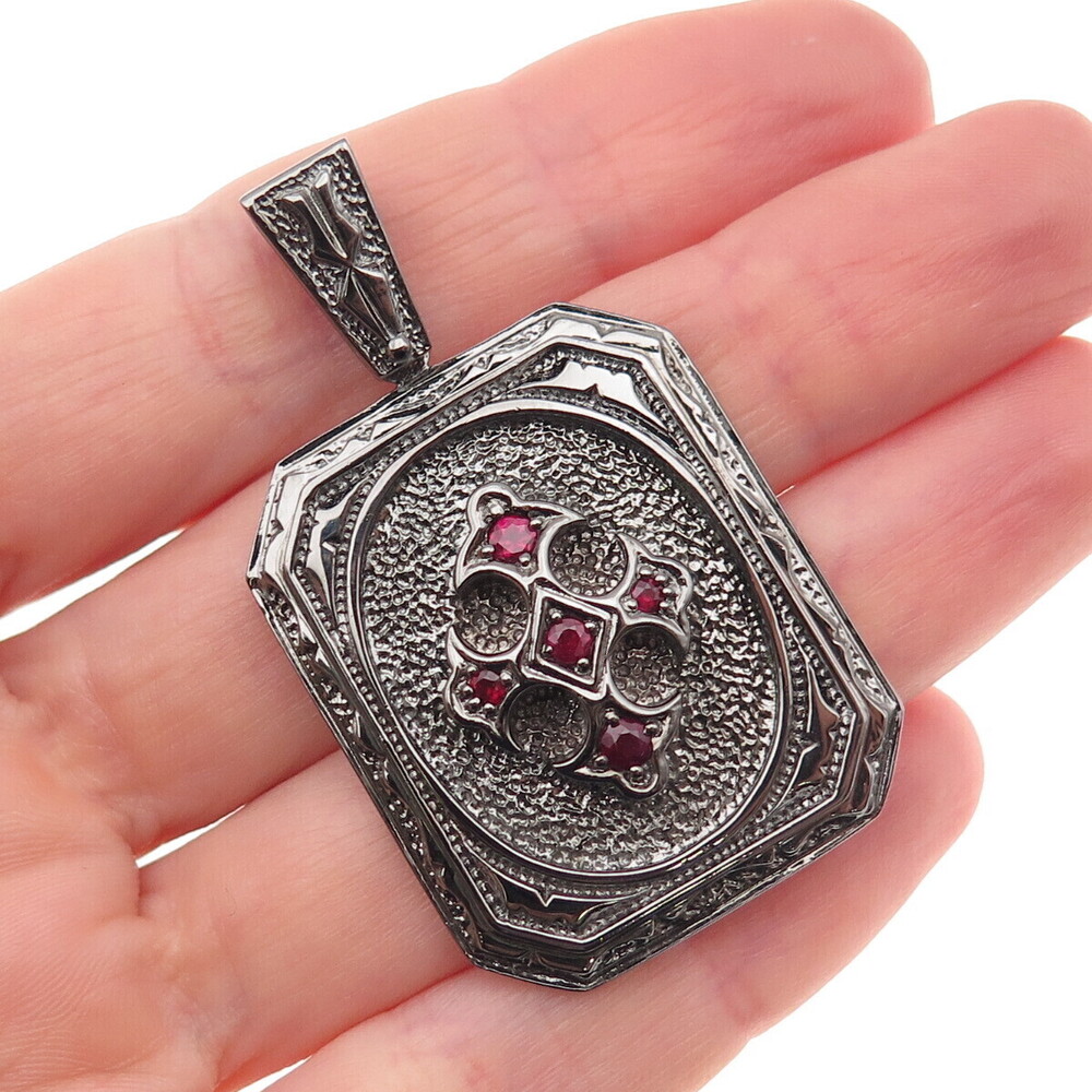 Jolusa 925 Sterling Silver Black Rhodium Real Ruby Fleur de Lis Cross Pendant